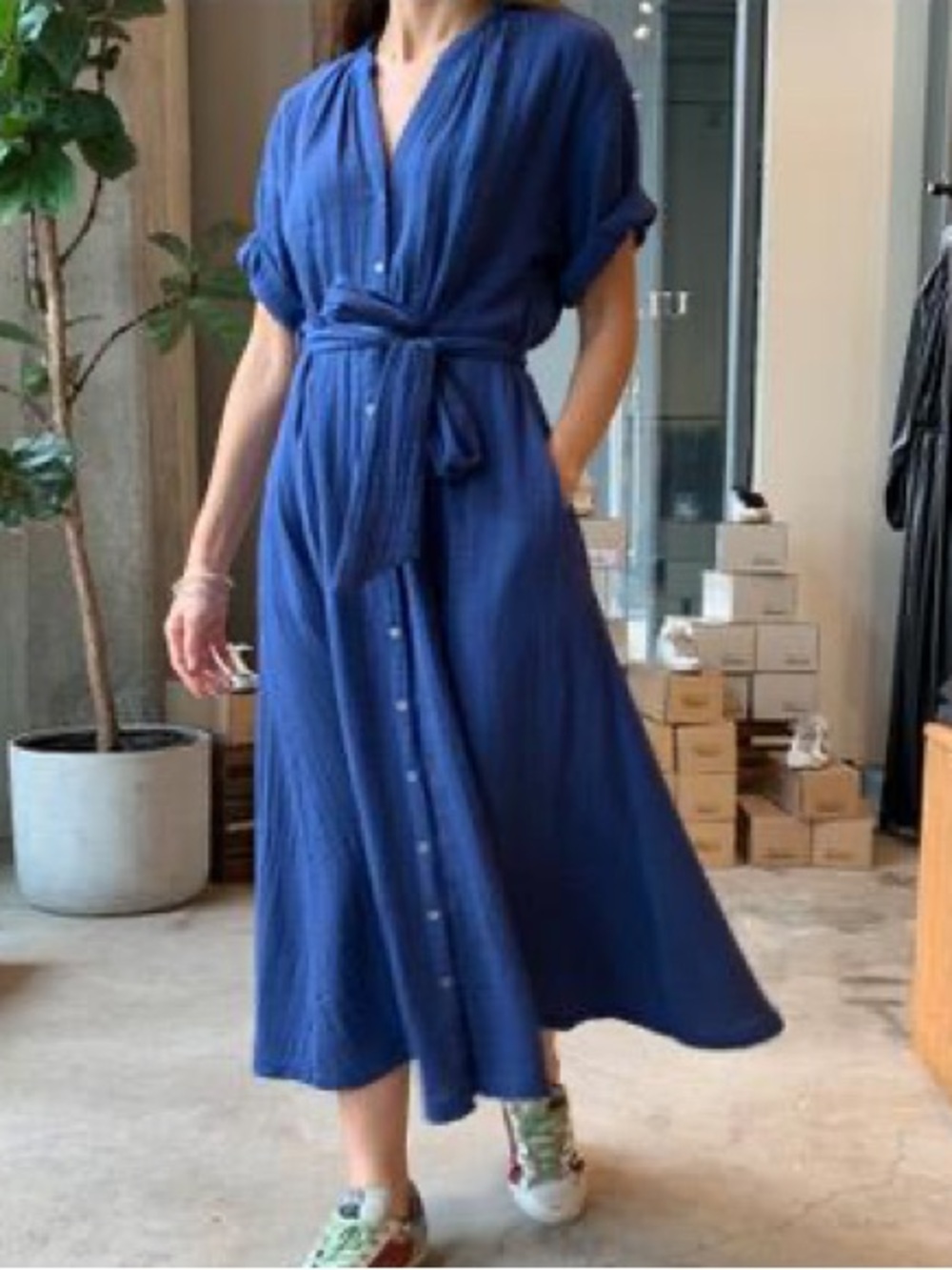 XiRENA Blue Button-Front Maxi Dress with Waist Tie 100% Cotton size extra small